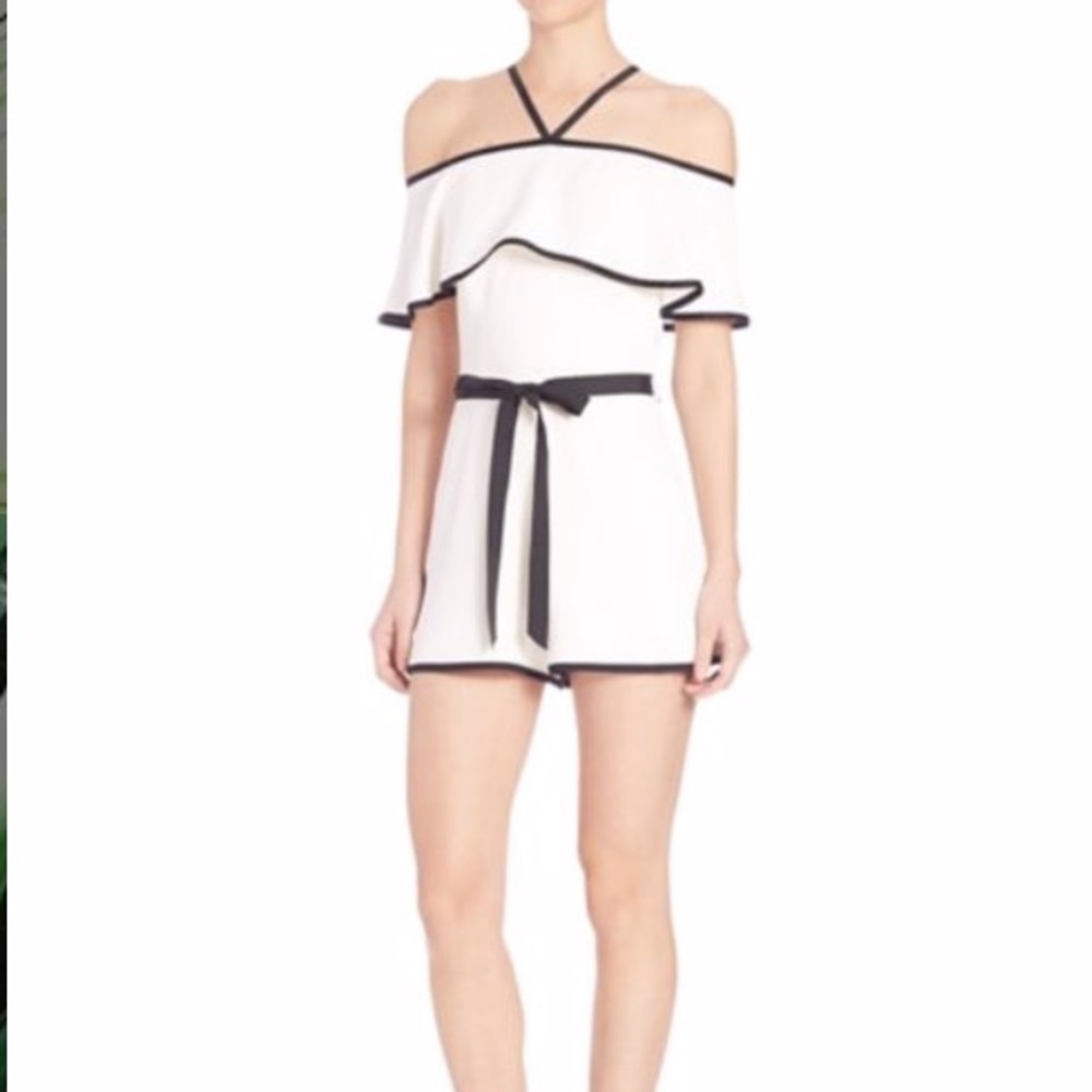 Alexis black and white off shoulder belted romper